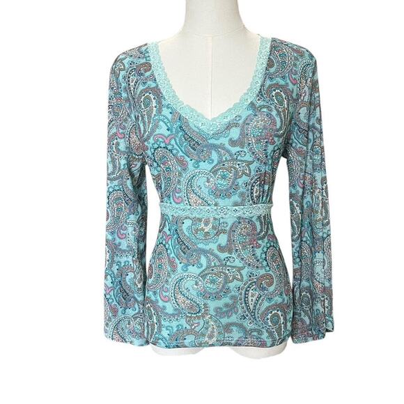 VTG Y2K Red Paint Tee Aqua Blue Paisley Pattern Lace Trim Bell Sleeve Fairy Top - Picture 3 of 8